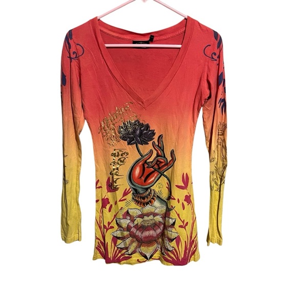 Christian Audigier Y2K Bedazzled Long Sleeve Shirt Size Small S Buddha Lotus - Picture 1 of 16